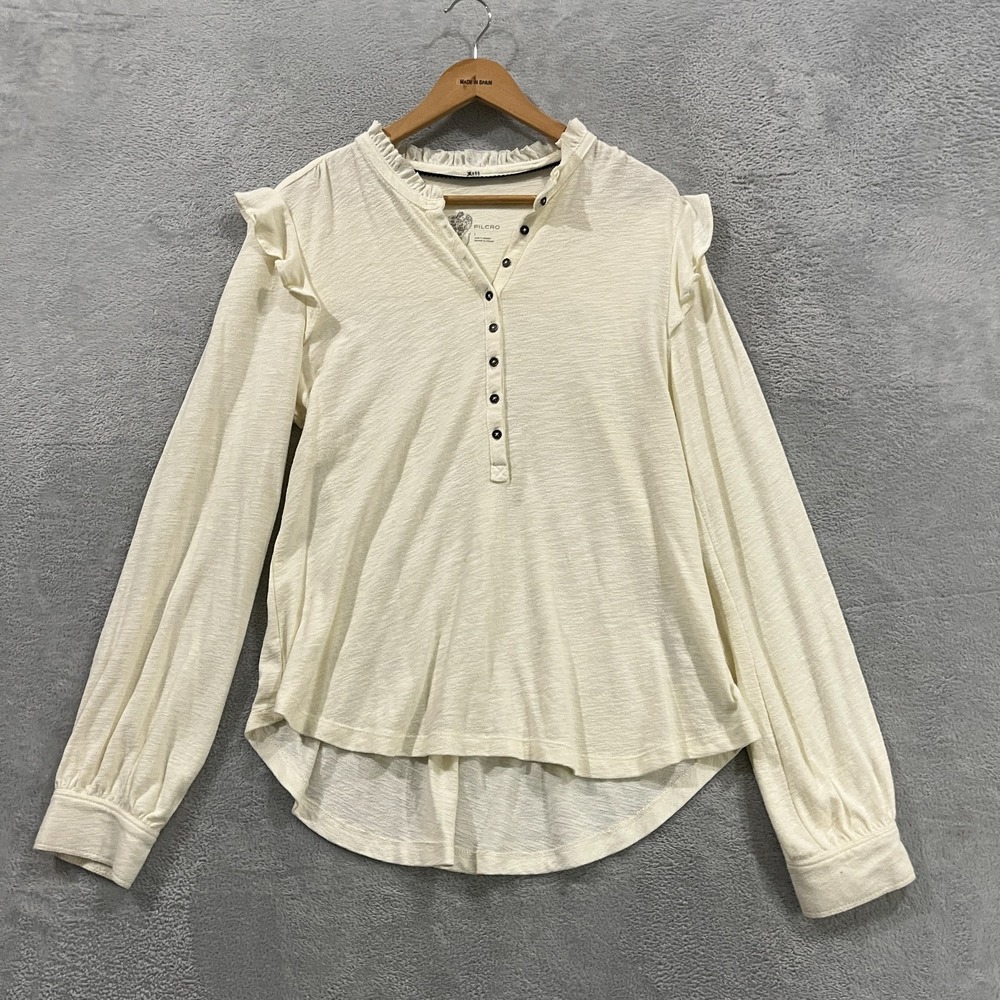 Pilcro By Anthropologie Blouse Top Womens Large Beige Cotton Ruffle Henley Neck
